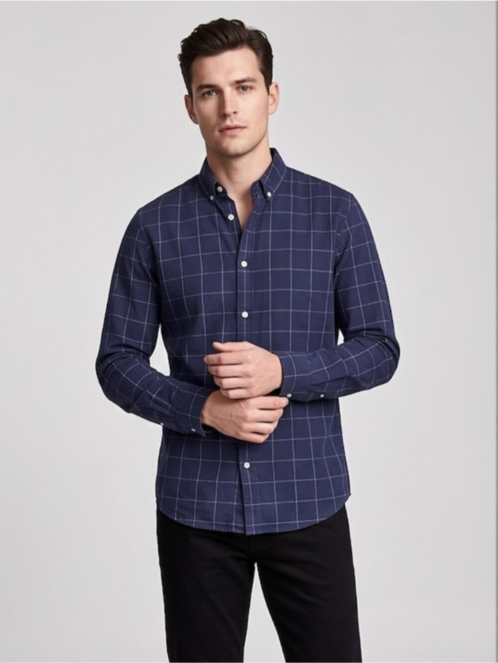 H&M Men's Navy Grid Check Button-Down Shirt | Slim Fit Cotton Dress Shirt
